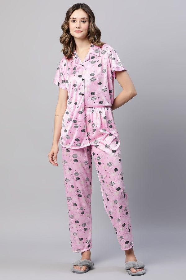 AV2 Women Satin Short Sleeve Top And Pyjama Nightsuit Set Pink - 2298A