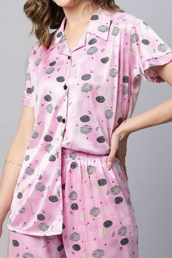 AV2 Women Satin Short Sleeve Top And Pyjama Nightsuit Set Pink - 2298A