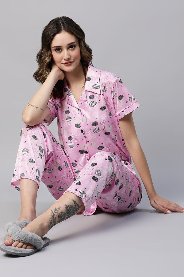 AV2 Women Satin Short Sleeve Top And Pyjama Nightsuit Set Pink - 2298A