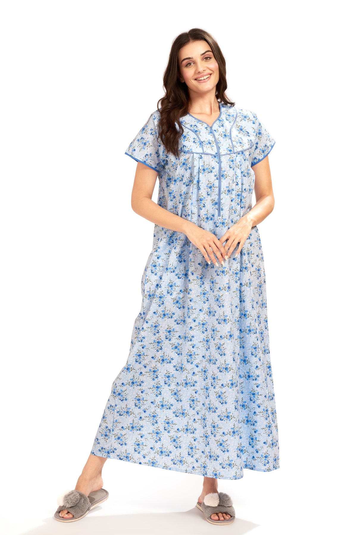 AV2 Women Printed Cotton Nightwear Nighty Maxi Blue - 7118C