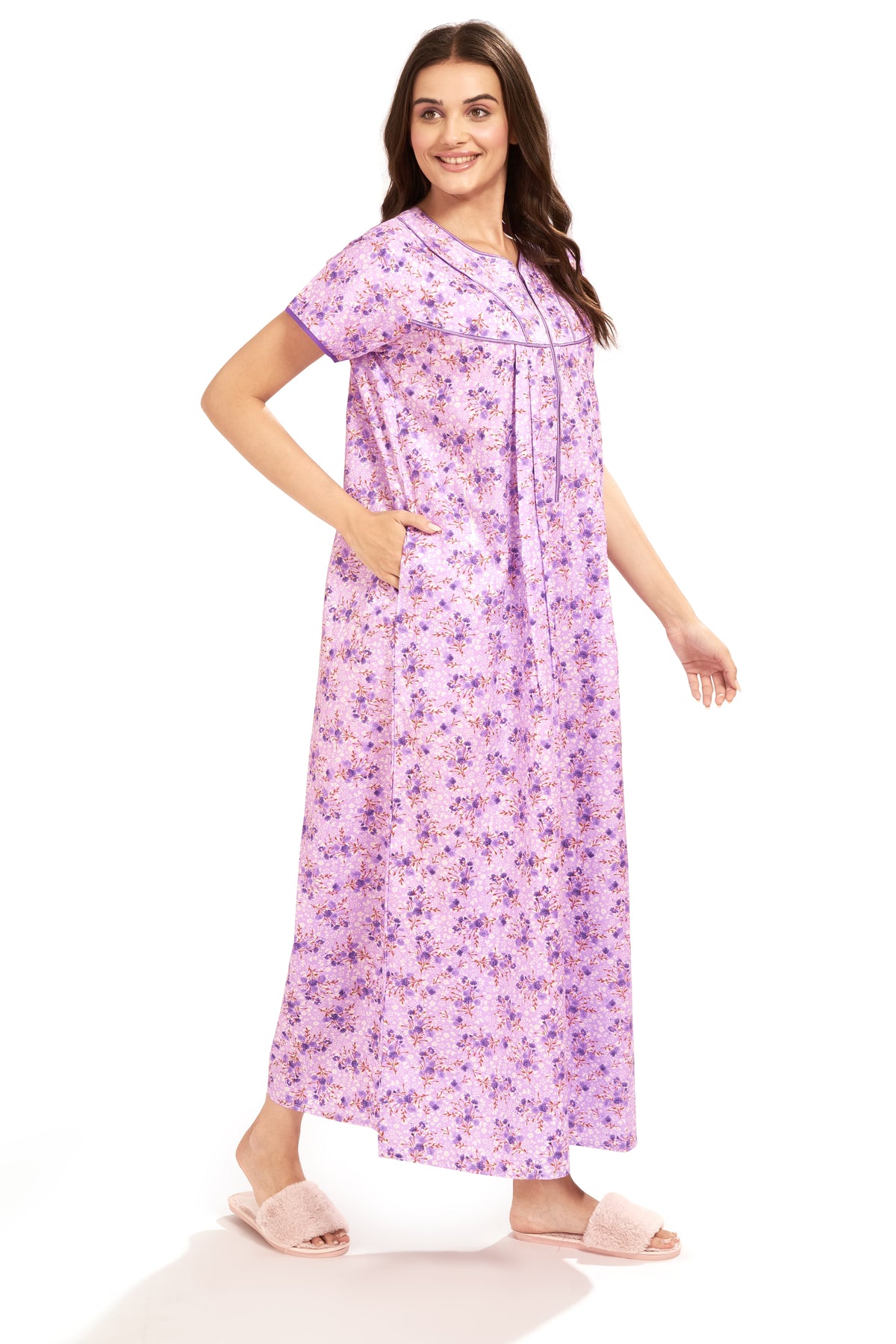 AV2 Women Printed Cotton Nightwear Nighty Maxi Purple - 7118E