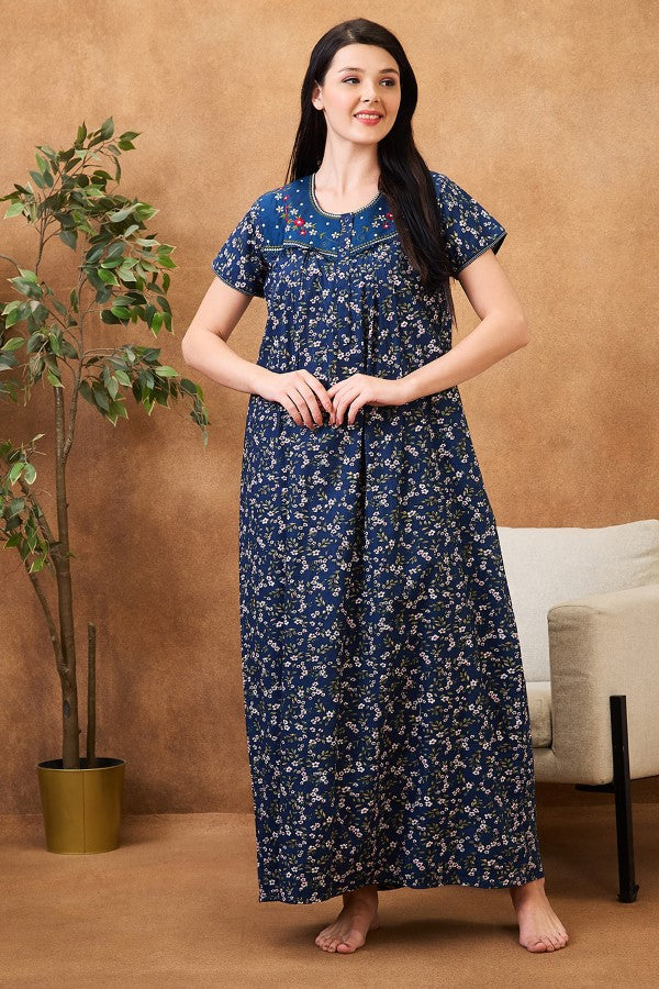 AV2 Women Printed Maternity Feeding Nighty Navy - 7249A