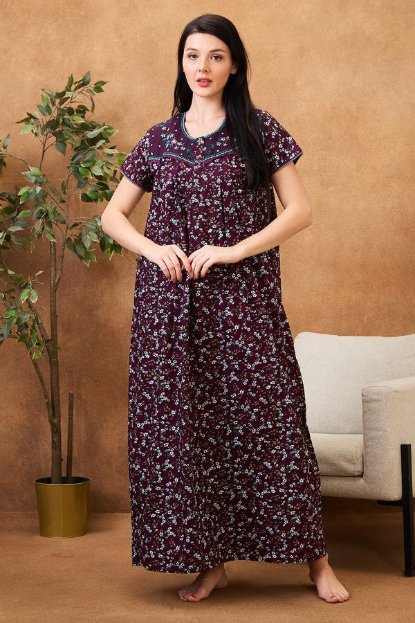 AV2 Women Printed Maternity Feeding Nighty Wine - 7249B