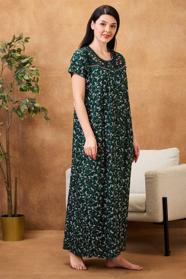 AV2 Women Printed Maternity Feeding Nighty Green - 7249C