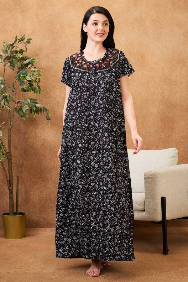 AV2 Women Printed Maternity Feeding Nighty Black - 7251A