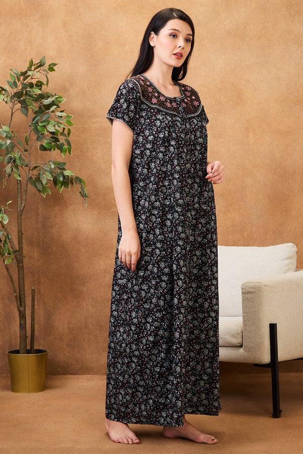 AV2 Women Printed Maternity Feeding Nighty Black - 7251A