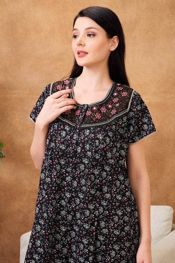 AV2 Women Printed Maternity Feeding Nighty Black - 7251A
