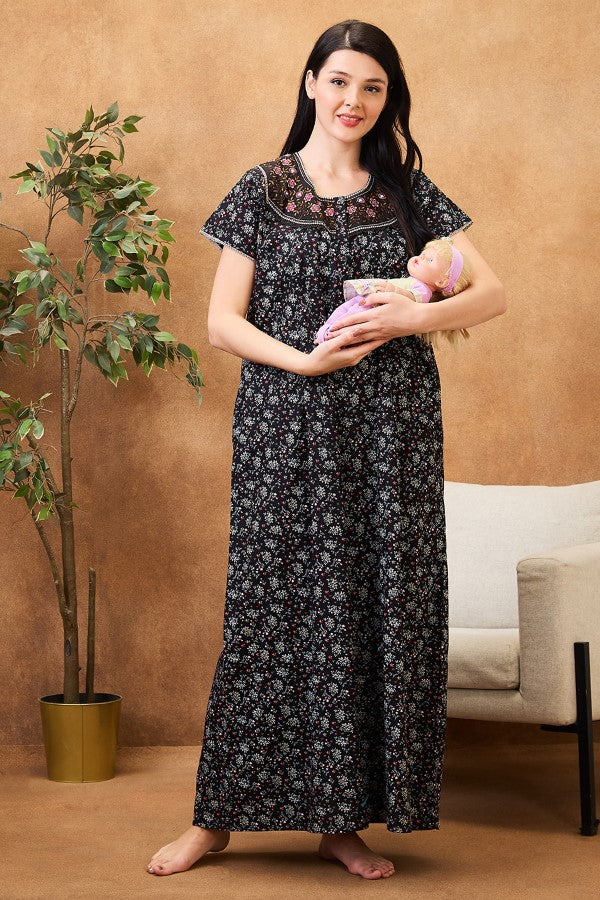 AV2 Women Printed Maternity Feeding Nighty Black - 7251A