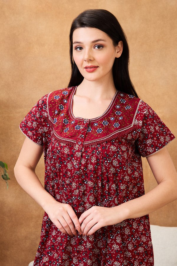 AV2 Women Printed Maternity Feeding Nighty Maroon - 7251B