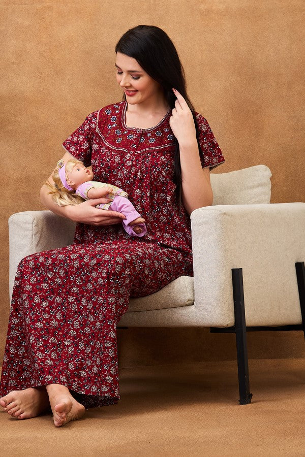 AV2 Women Printed Maternity Feeding Nighty Maroon - 7251B
