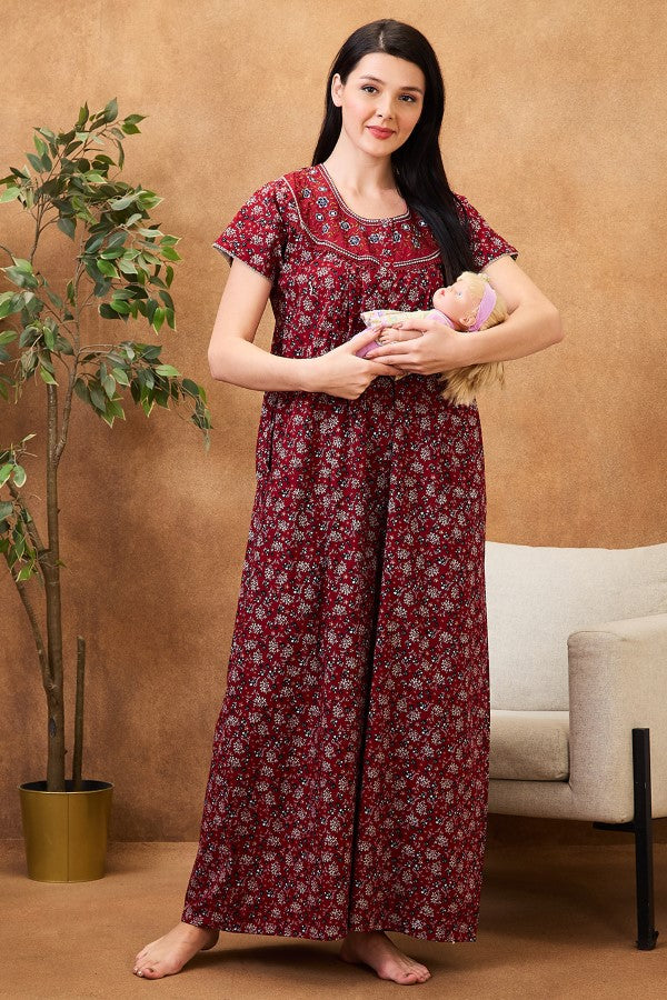 AV2 Women Printed Maternity Feeding Nighty Maroon - 7251B