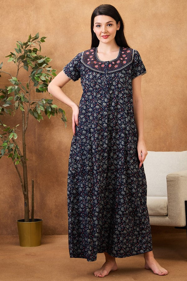 AV2 Women Printed Maternity Feeding Nighty Navy - 7251C