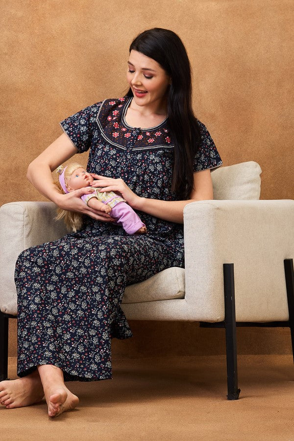 AV2 Women Printed Maternity Feeding Nighty Navy - 7251C