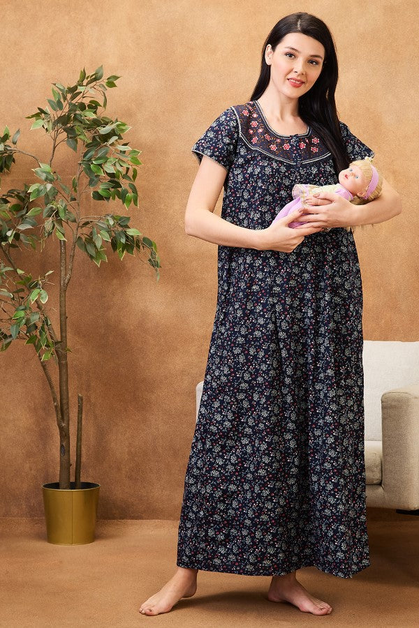 AV2 Women Printed Maternity Feeding Nighty Navy - 7251C