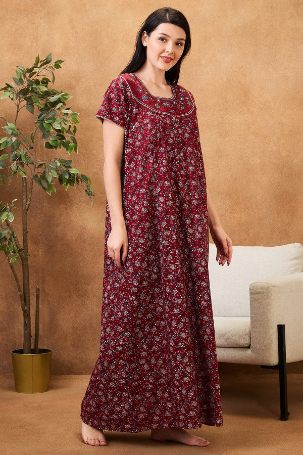 AV2 Women Printed Cotton Nightwear Nighty|Womens Night Wear Maxi Maroon - 7252B