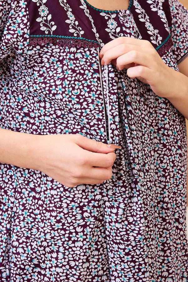 AV2 Women Printed Maternity Feeding Nighty Wine - 7253A