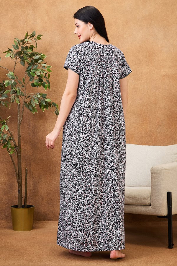AV2 Women Printed Maternity Feeding Nighty Black - 7253B