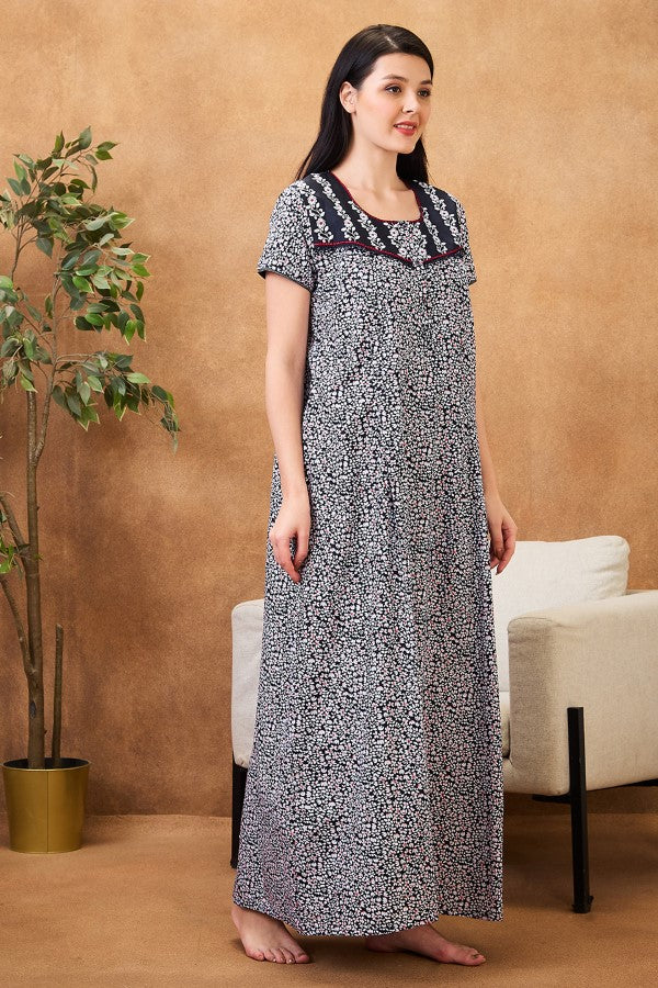 AV2 Women Printed Maternity Feeding Nighty Black - 7253B