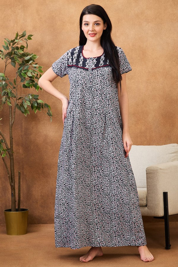 AV2 Women Printed Maternity Feeding Nighty Black - 7253B