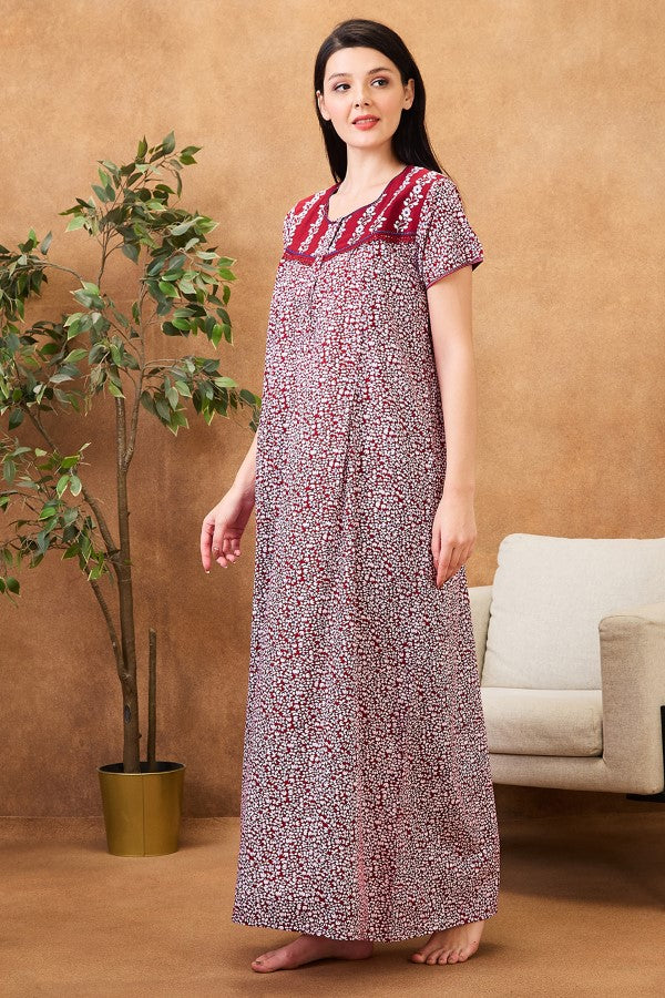 AV2 Women Printed Maternity Feeding Nighty Red - 7253C