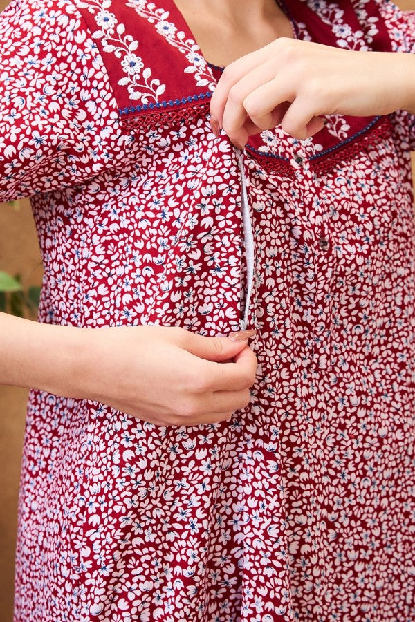 AV2 Women Printed Maternity Feeding Nighty Red - 7253C