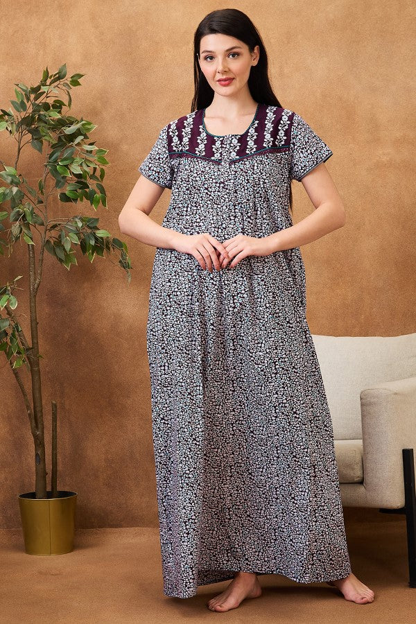 chinese dress ladies AV2 Women Printed Cotton Nightwear Nighty|Womens Night Wear Maxi Wine