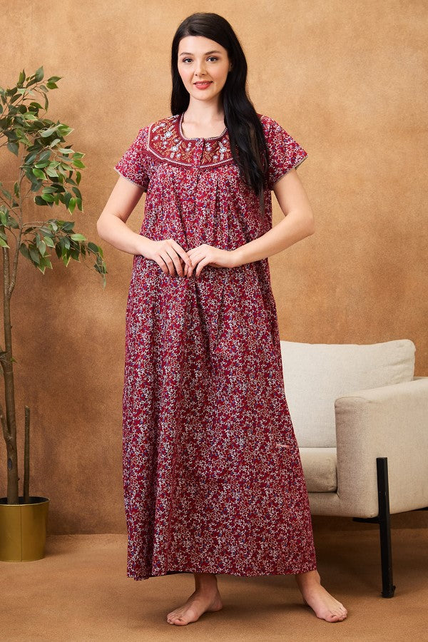 AV2 Women Printed Maternity Feeding Nighty Red - 7255A