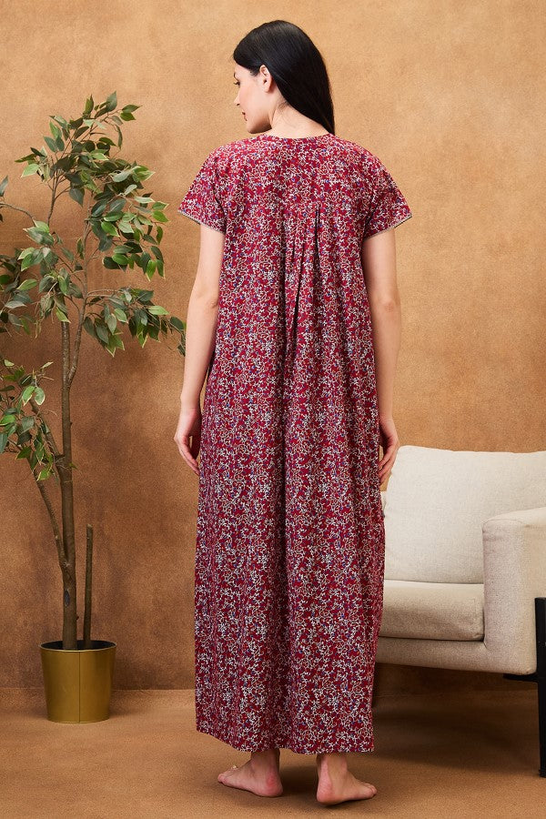AV2 Women Printed Maternity Feeding Nighty Red - 7255A