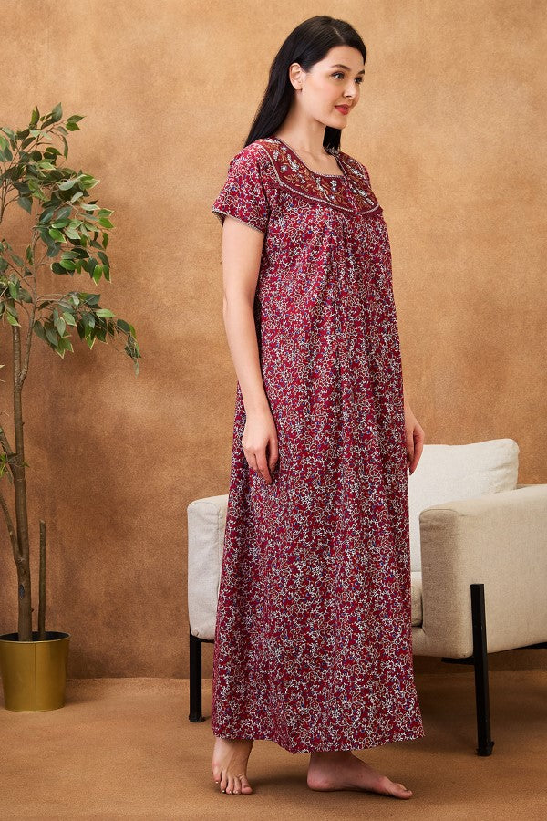 AV2 Women Printed Maternity Feeding Nighty Red - 7255A