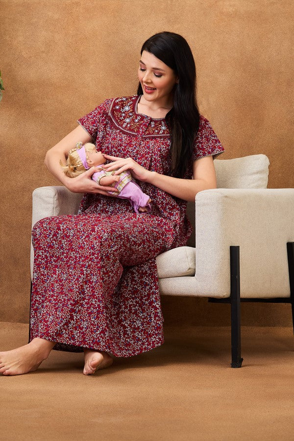 AV2 Women Printed Maternity Feeding Nighty Red - 7255A