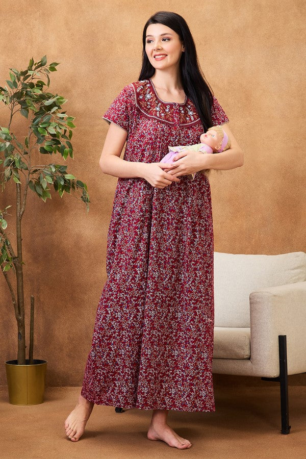 AV2 Women Printed Maternity Feeding Nighty Red - 7255A