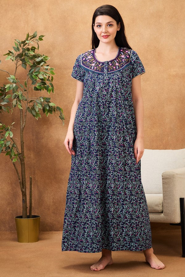 AV2 Women Printed Maternity Feeding Nighty Blue - 7255B