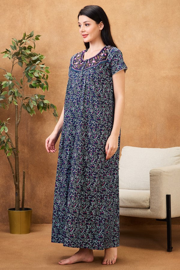 AV2 Women Printed Maternity Feeding Nighty Blue - 7255B