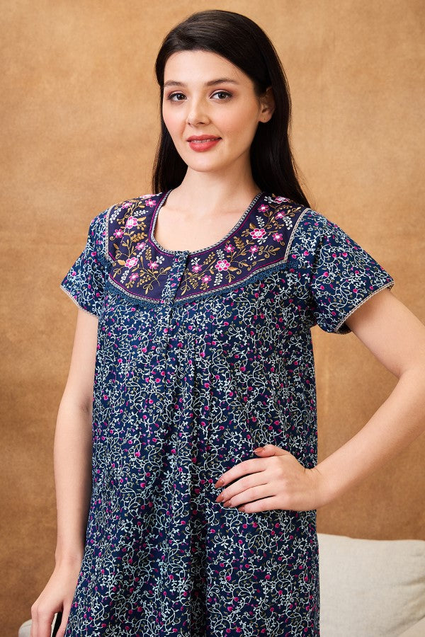 AV2 Women Printed Maternity Feeding Nighty Blue - 7255B