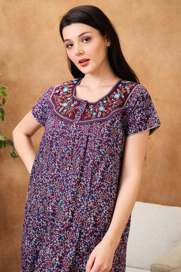 AV2 Women Printed Maternity Feeding Nighty Wine - 7255C