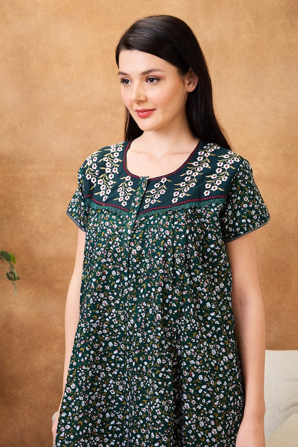 AV2 Women Printed Maternity Feeding Nighty Green - 7257A