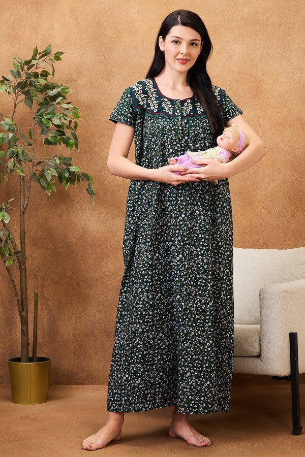 AV2 Women Printed Maternity Feeding Nighty Green - 7257A