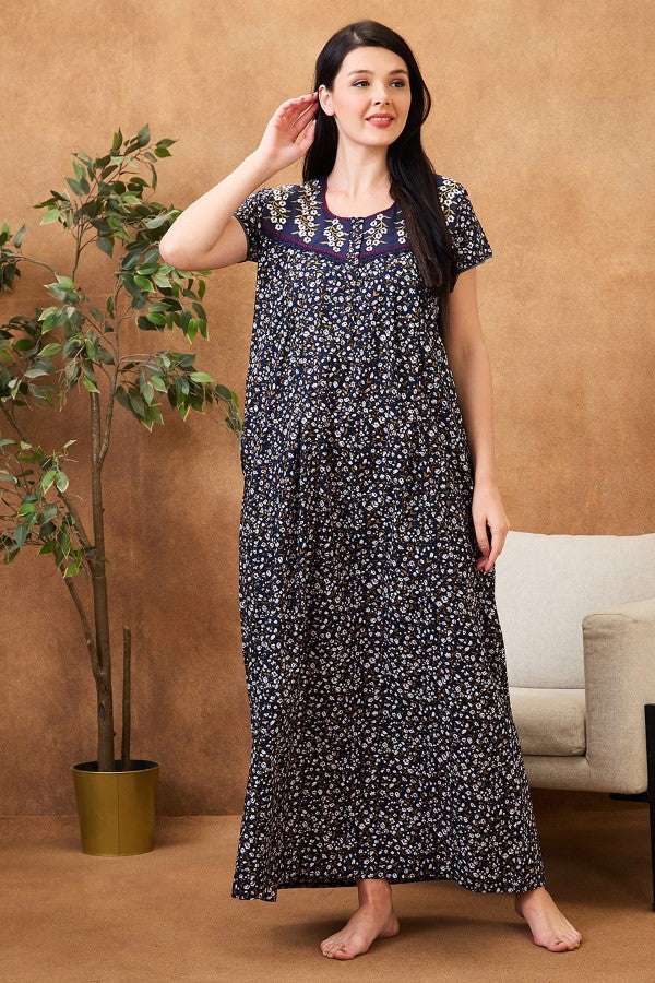 AV2 Women Printed Maternity Feeding Nighty Navy - 7257B