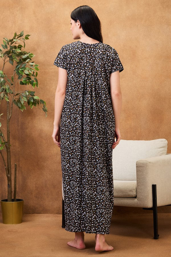 AV2 Women Printed Maternity Feeding Nighty Black - 7257C