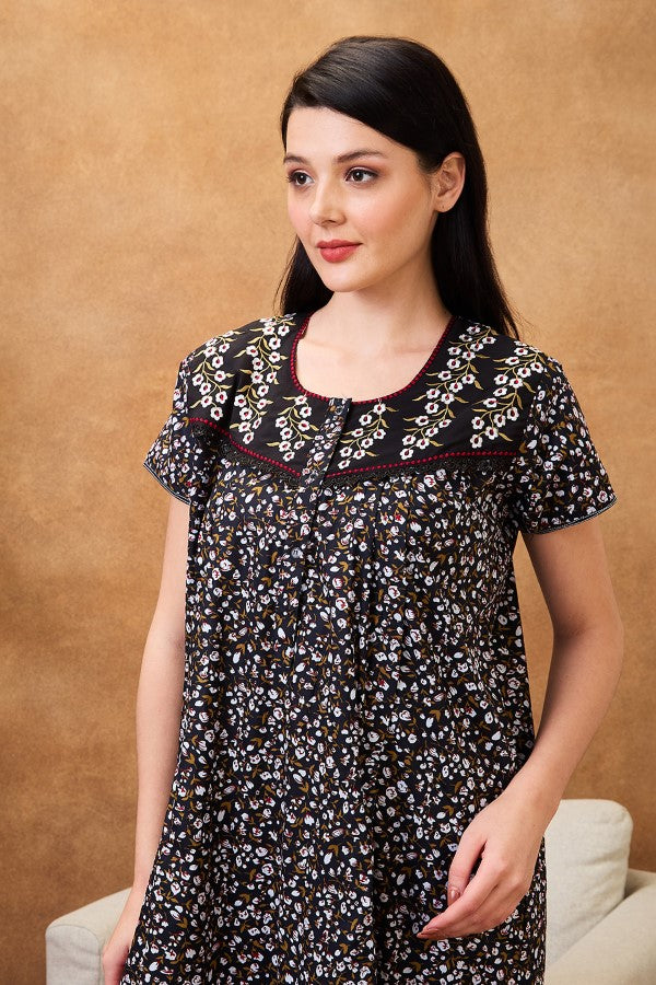 AV2 Women Printed Maternity Feeding Nighty Black - 7257C