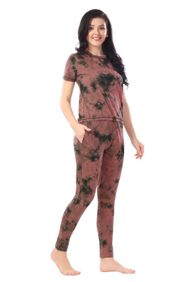 AV2 Women Cotton Tie Dye Top & Pyjama Nightsuit set Brown - 2327A