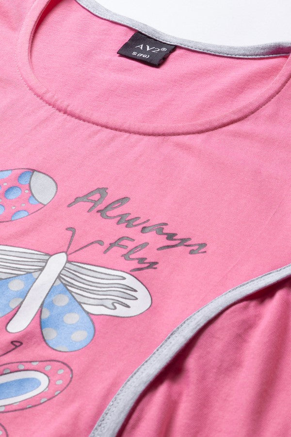 AV2 Women Cotton Graphic Feeding/Nursing/Maternity Top & Pyjama Set Pink - 2688G