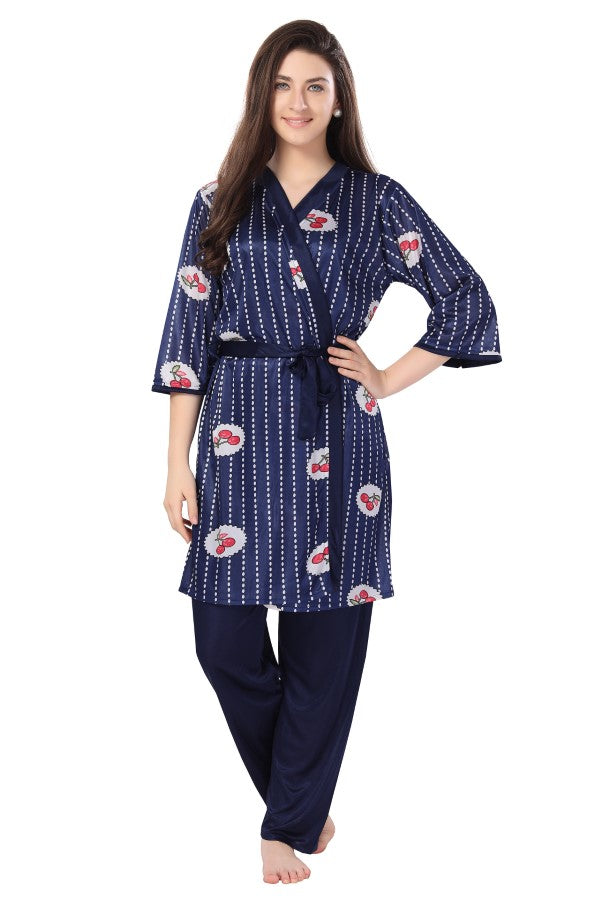 AV2 Women Satin 3 piece Nightsuit Set With Jacket Navy - 1313NAVY