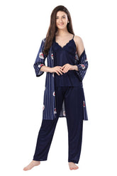 AV2 Women Satin 3 piece Nightsuit Set With Jacket Navy - 1313NAVY