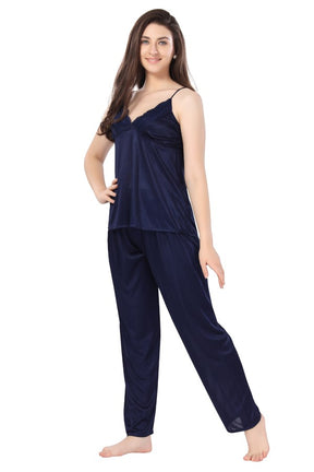 AV2 Women Satin 3 piece Nightsuit Set With Jacket Navy - 1313NAVY