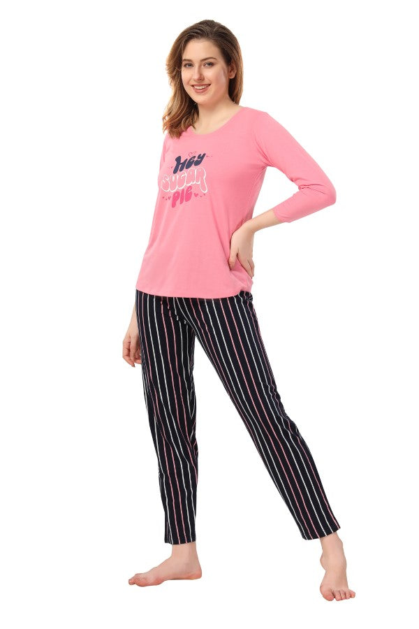 AV2 Women Cotton Printed Top & Pyjama Nightsuit set Pink - 2442B