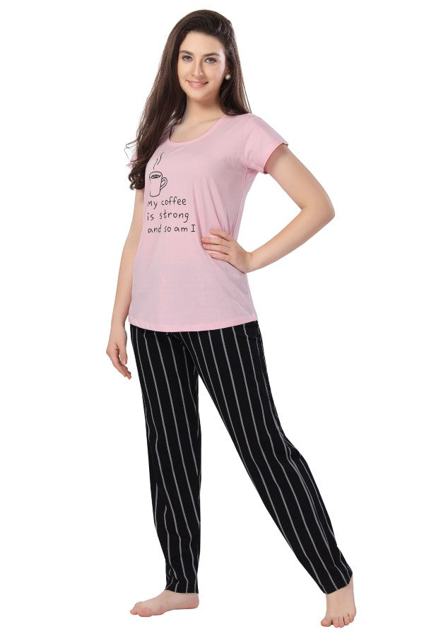 AV2 Women Cotton Printed Top & Pajama Nightsuit Set Pink - 2265B