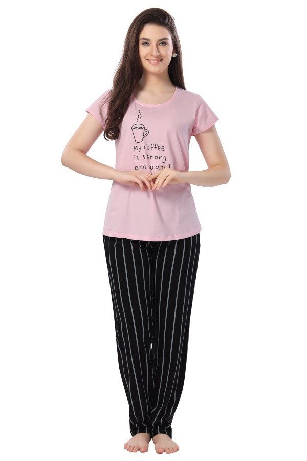 AV2 Women Cotton Printed Top & Pajama Nightsuit Set Pink - 2265B