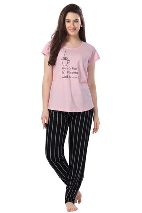 AV2 Women Cotton Printed Top & Pajama Nightsuit Set Pink - 2265B