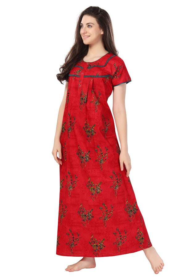 AV2 Women Printed Cotton Nightwear Nighty|Womens Night Wear Maxi Red - 7211E